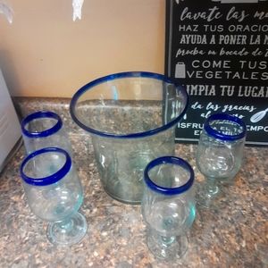 5 piece set of Mexican bubble glass wine glasses and ice/beverage container